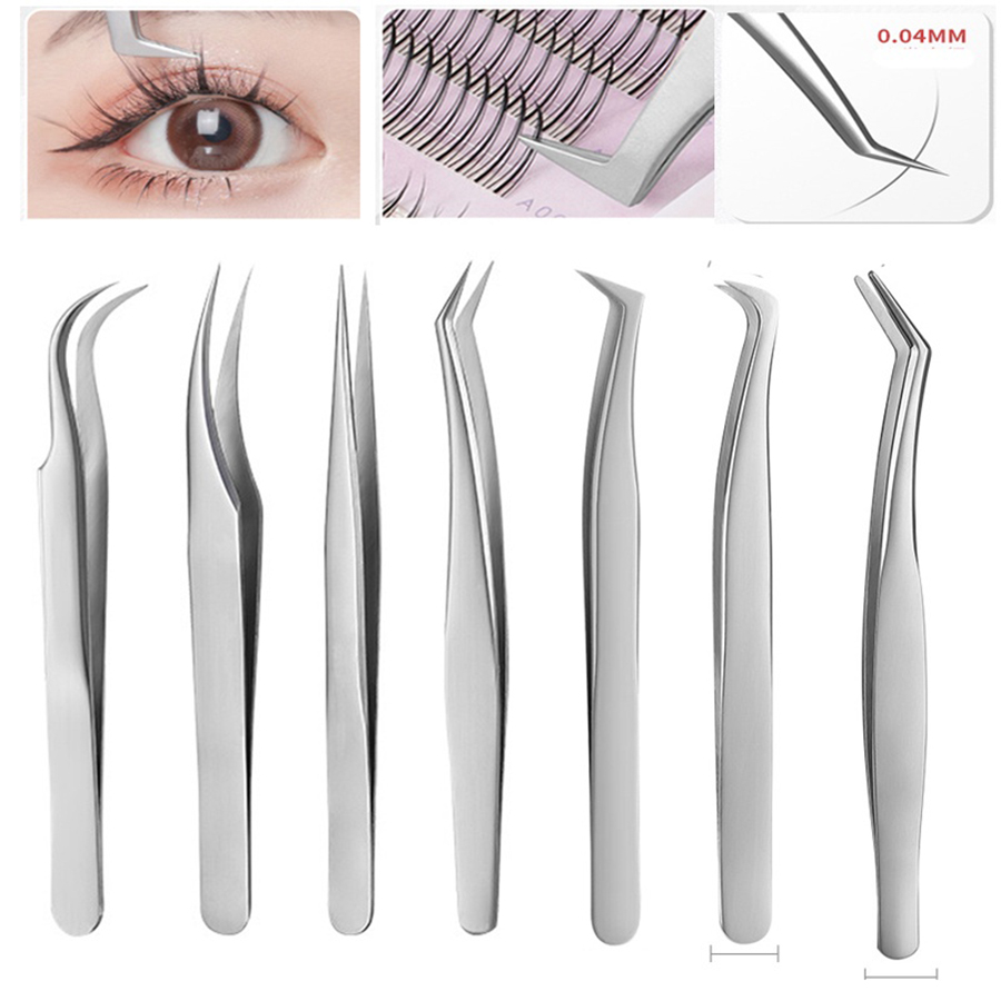 Eyelash Extension Or Extensions - 7 個の高精度ステンレス鋼まつげエクステンションピンセット - 完璧なアプリケーションのためのストレートまたはカーブした先端 - メイクに最適
